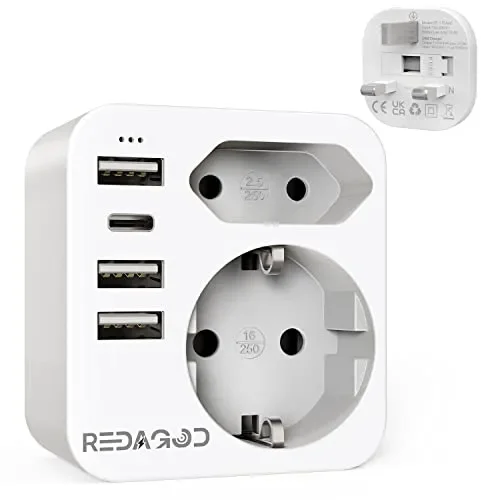 Adattatore Presa Inglese, Redagod Adattatore Spina Inglese,a Spina Italiana con 3 USB e 1 USB C(3.4A,17W) Adattatore UK con 2 Prese per Gran Bretagna/Qatar/Irlanda/Gambia,Presa Inglese 3250W