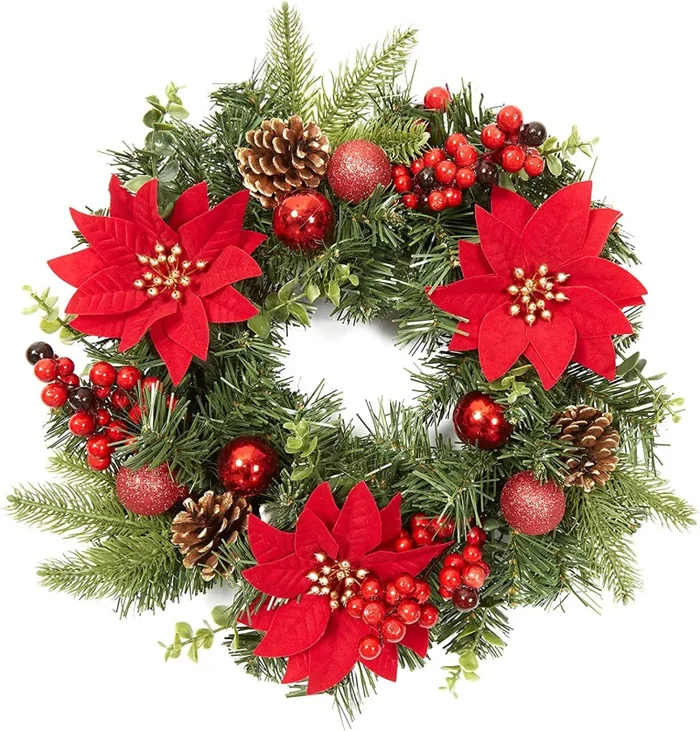 Adeing Ghirlanda di Natale da 40 cm, ghirlanda per porta con palline di Natale, fiori di Natale, bacche e pigne per la porta d’ingresso, il camino e la decorazione della parete – Rosso