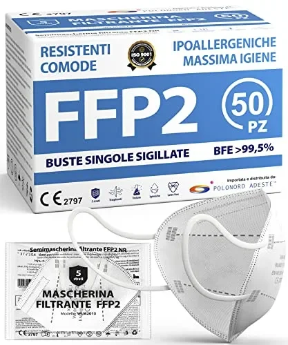 ADESTE – 50 Mascherine FFP2 Bianche Certificate CE, filiera controllata, anallergiche, con elastici comodi e resistenti. Sicura: capacità filtrante >99,5%, Buste singole sigillate.