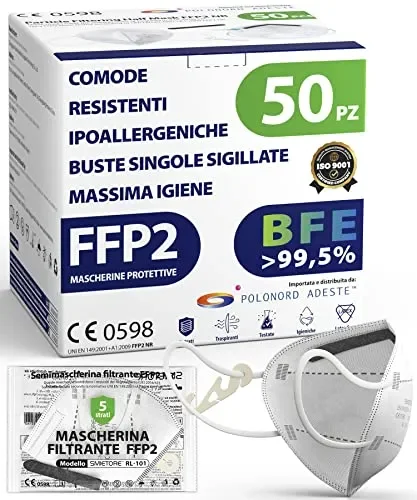 ADESTE – 50 Mascherine FFP2 Bianche Certificate CE, filiera controllata, elastici comodi, anallergici e regolabili. Sicura: filtrazione in simulazione di indossaggio 99,5%. Buste singole sigillate.