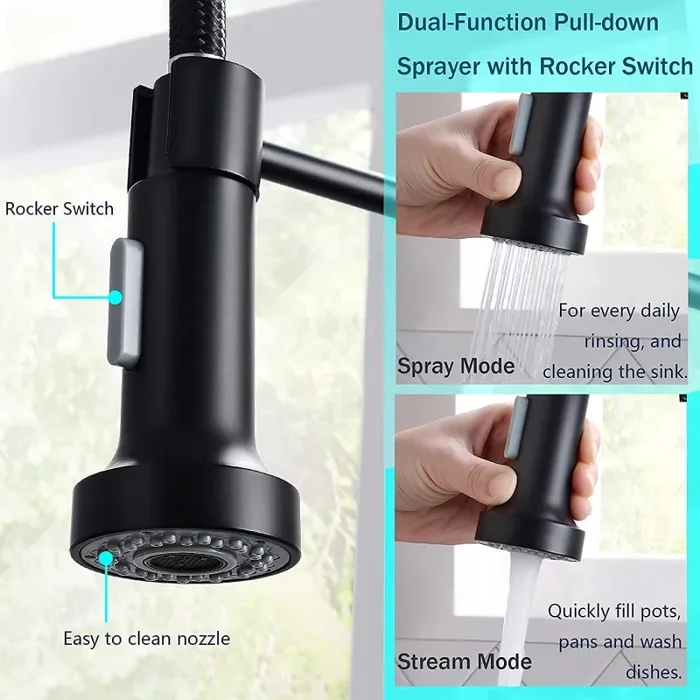 AILRINNI Rubinetto Cucina con Doccetta Estraibile – Miscelatore Cucina Molla a 2 Modalità , Rubinetto Lavello Cucina 360° Fredda e Calda – Nero Vendita calda - immagine 3