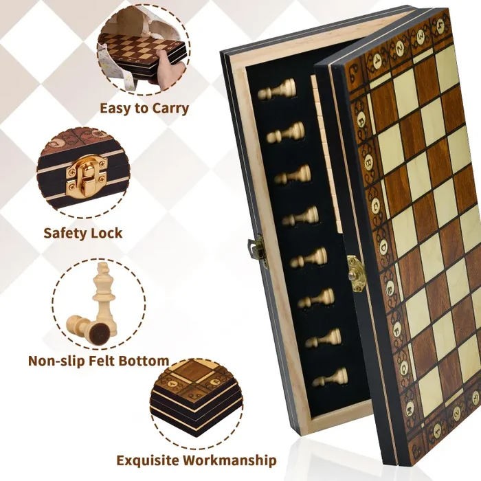 Aissom Scacchiera in Legno,2 in 1 Scacchiera Pieghevole,Magnetici Scacchi, Backgammon con slot di archiviazione, Dama per Bambini e Adulti Feste (29 * 29cm) - immagine 3