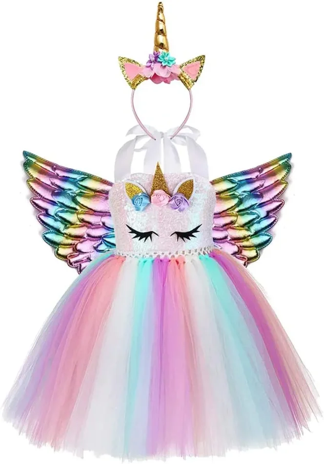 AJEUNGAIN Vestito Unicorno Bambina Paillettes Costume Carnevale Unicorno Bambina, Costume Unicorno Bambina per Set Compleanno Unicorno Bambina, Vestiti Principessa Bambina