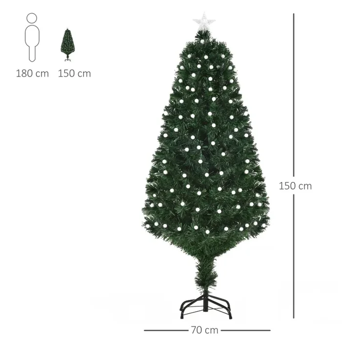 Albero di Natale Artificiale 150 cm 170 Rami con Luci LED e Fibre Ottiche Colorate Verde - immagine 3