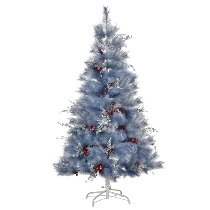 Albero di Natale Artificiale 150 cm 222 Rami con Foglie Argentate e Bacche Rosse