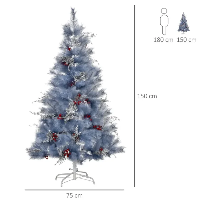 Albero di Natale Artificiale 150 cm 222 Rami con Foglie Argentate e Bacche Rosse - immagine 3
