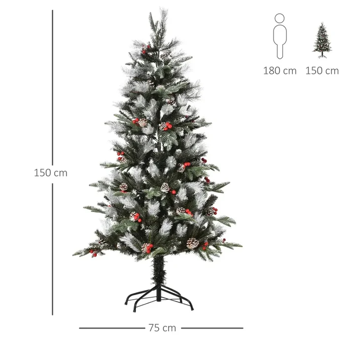 Albero di Natale Artificiale Innevato 150 cm 440 Rami con Bacche Rosse e Pigne Verde - immagine 3