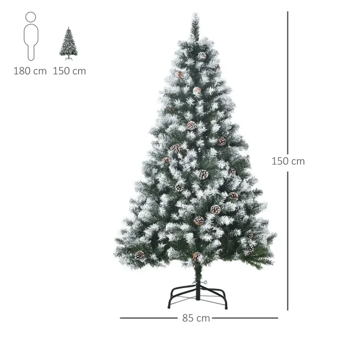 Albero di Natale Artificiale Innevato 150 cm 676 Rami con Pigne Apertura Automatica Verde - immagine 3