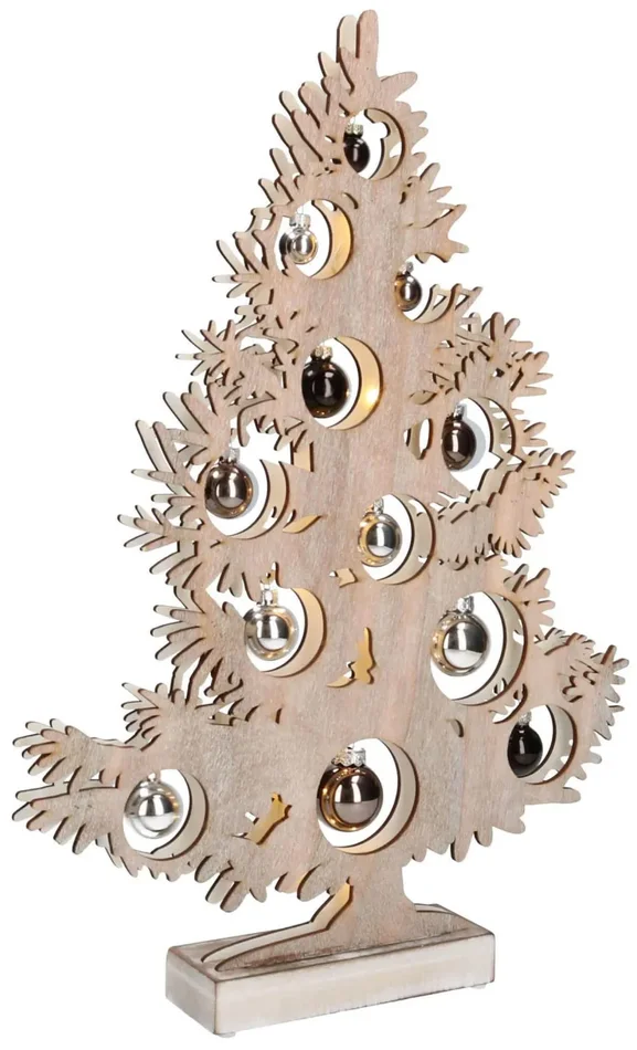 Albero di Natale in Legno 50 cm con Led e Palline Sbiancato