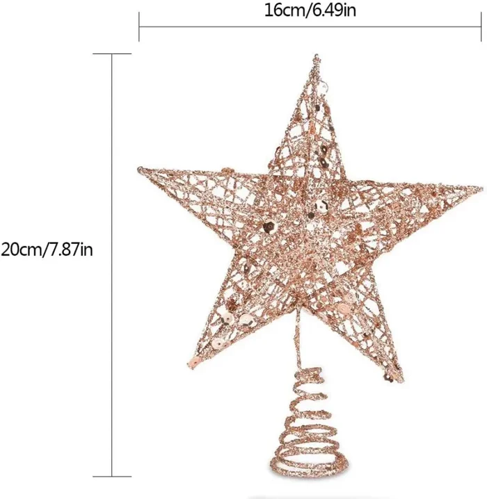 Albero di Natale scintillante Topper 20cm Albero di Natale Stella Filo di metallo Stella Cima d’albero Albero di Natale Topper Stella Rosa vuota Stella scintillante dorata per albero di Natale festivo - immagine 2