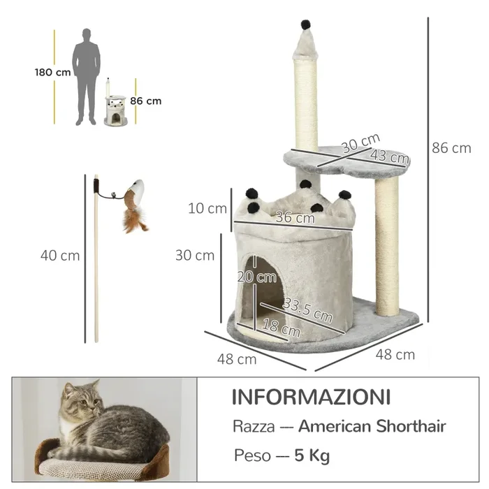 Albero Tiragraffi 48x48x86 cm Rivestimento Peluche con Gioco Grigio - immagine 3