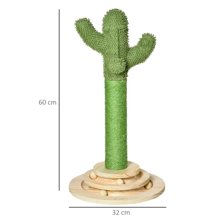 Albero Tiragraffi a Cactus per Gatti 32x32x60 cm in Corda Sisal e Palline in Legno Verde In saldo - immagine 3