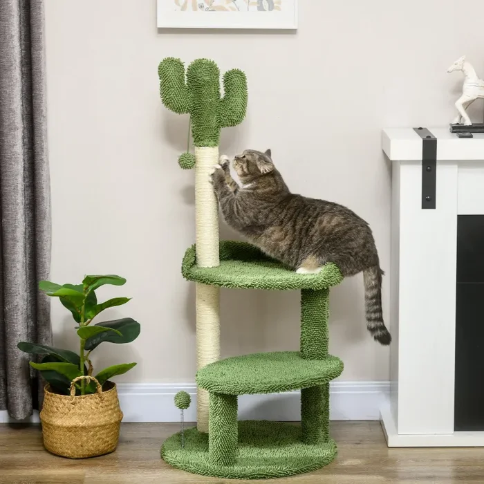 Albero Tiragraffi a Forma di Cactus 35x31x55,5 cm con 2 Palline Gioco Verde e Bianco - immagine 2