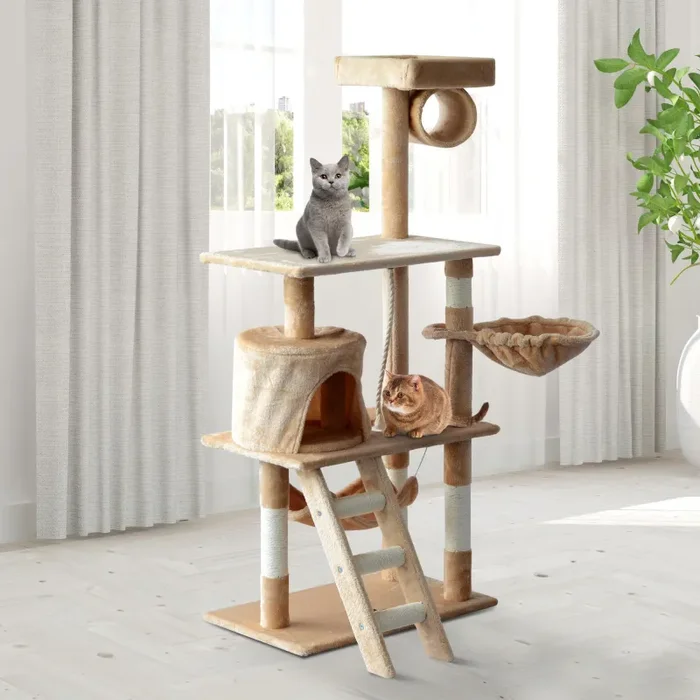 Albero Tiragraffi con Cuccia per Gatti in Legno Naturale Beige 65x39x140 cm - immagine 2