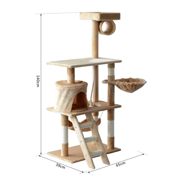 Albero Tiragraffi con Cuccia per Gatti in Legno Naturale Beige 65x39x140 cm - immagine 3