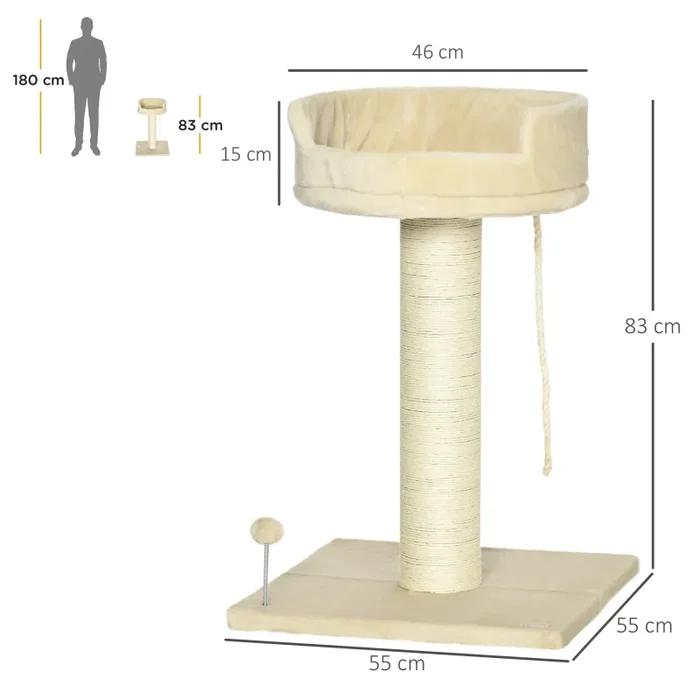 Albero Tiragraffi per Gatti 55x55x83 cm con Lettino e Pallina in Peluche e Sisal Beige - immagine 3