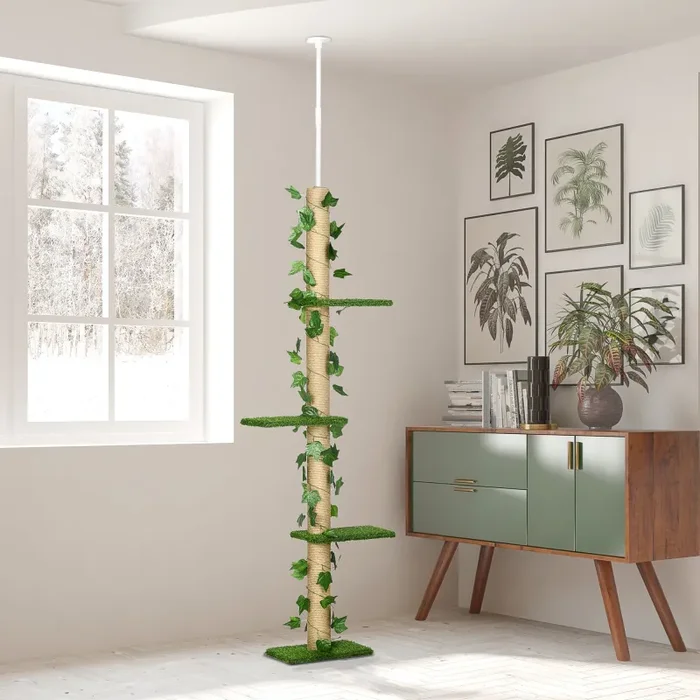 Albero Tiragraffi per Gatti Asta Regolabile a Soffitto Alto 202-242 cm Verde - immagine 2