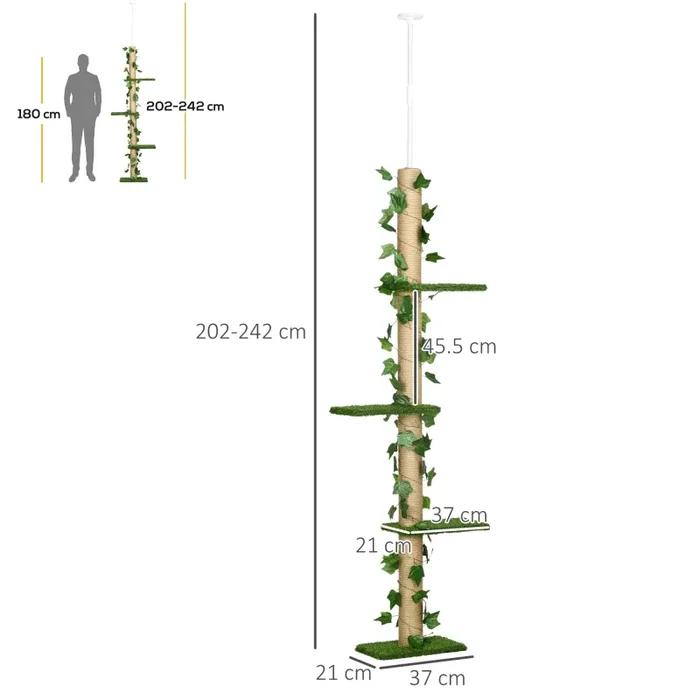Albero Tiragraffi per Gatti Asta Regolabile a Soffitto Alto 202-242 cm Verde - immagine 3