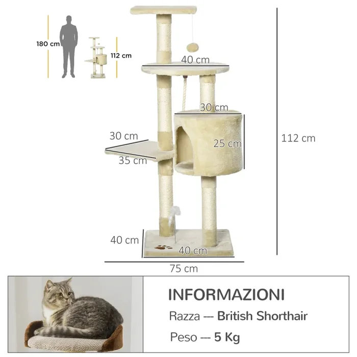 Albero Tiragraffi per Gatto beige 75x40x112 cm - immagine 3