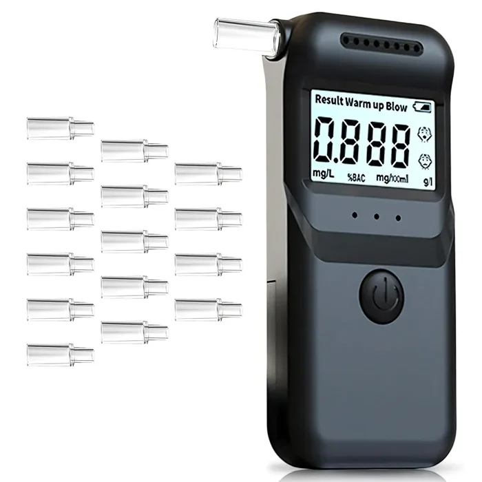 Alcohol tester con 15 bocchini, tester per alcol con schermo LCD, etilometro digitale con illuminazione di emergenza a LED, per test di alcol
