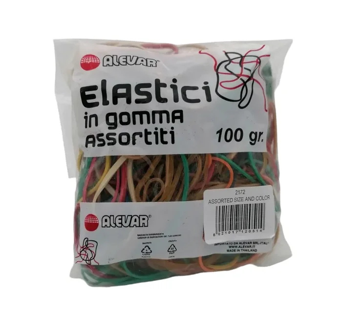 Alevar Elastici in Gomma da Ufficio, Misure e Colori Assortiti, Sacchetto da 100 gr