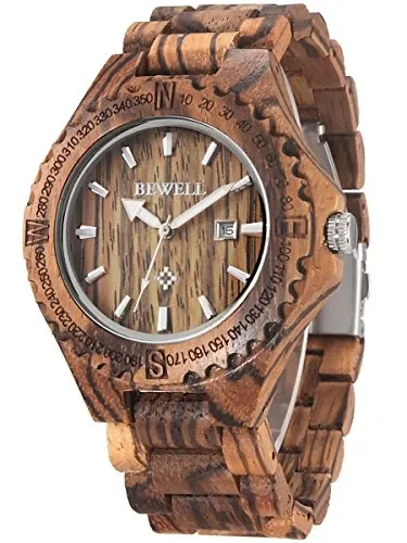 Alienwork Bewell Orologio Uomo Donna Eco Legno Naturale Zebrano