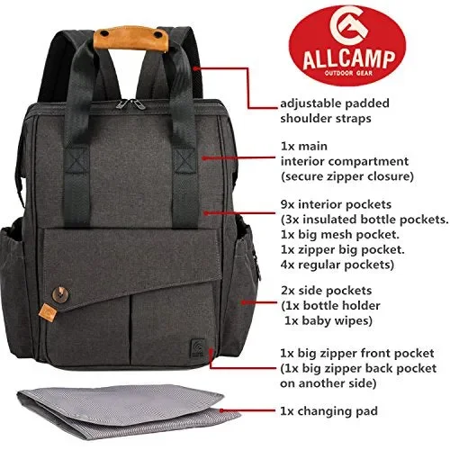 ALLCAMP Zaino Mamma Multifunzione neonato Fasciatoio Bambino Nero-1 - immagine 3