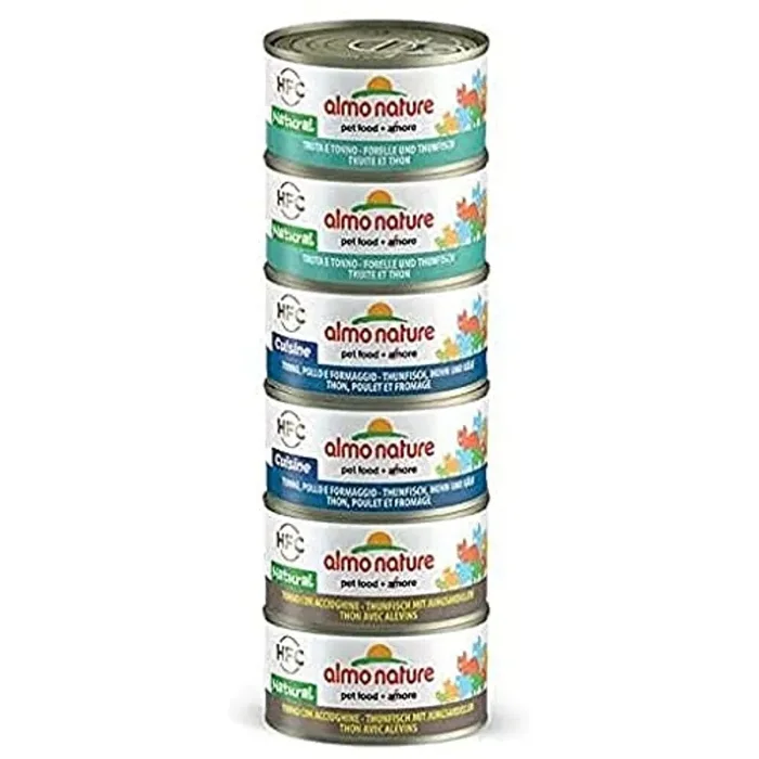 almo nature Multi Pack -Gusti Tonno Assortiti (2 x Tonno, Pollo e Formaggio; 2 x Tonno e Acciughine, 2X Trota e Tonno) Cibo Umido per Gatti Adulti 100% Naturale. Confezione da 6 lattine x 70g