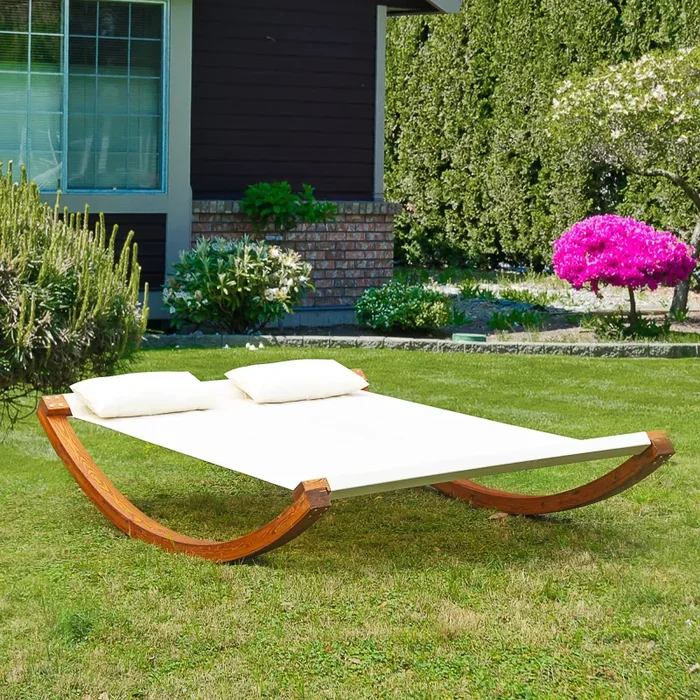 Amaca da Giardino 2 Posti 200x150x45 cm in Legno e Cotone Bianco - immagine 2