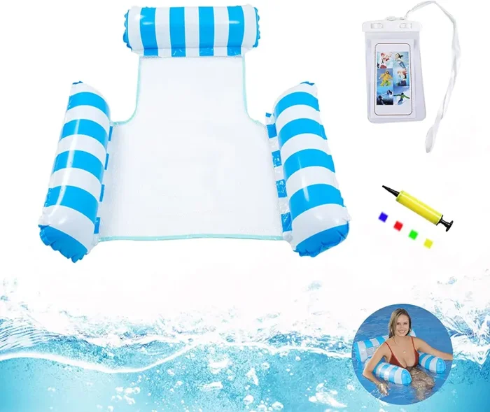 Amaca Galleggiante,Amaca Gonfiabile Piscina,Reclinabile per Piscina Multifunzione 4 in 1 con Custodia per Telefono Impermeabile e Pompa ad Aria,Giocattolo da Piscina per Bambini per Adulti Estivi - immagine 3