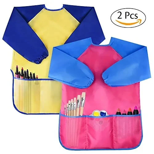 Amaza 2Pcs Grembiule da Pittura Scuola Grembiulino Maniche giallo & rosa