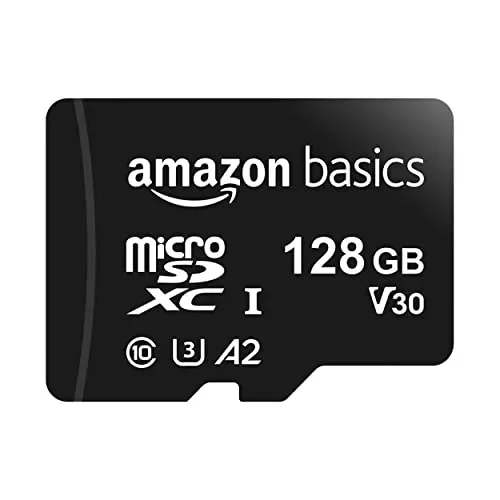 Amazon Basics MicroSDXC, 128 GB, con Adattatore SD, A2, U3, velocità di lettura fino a 100 MB/s, Nero