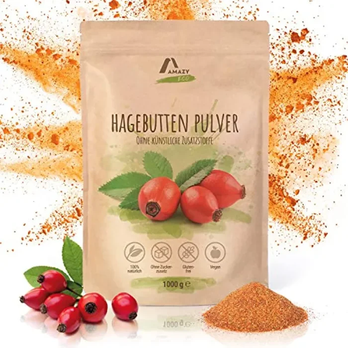 Amazy Polvere di Rosa Canina Biologica | 1000 g – 100% polvere naturale da rosa canina pura macinata – Senza additivi artificiali e zuccheri aggiunti