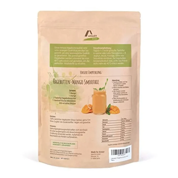 Amazy Polvere di Rosa Canina Biologica | 1000 g – 100% polvere naturale da rosa canina pura macinata – Senza additivi artificiali e zuccheri aggiunti - immagine 2