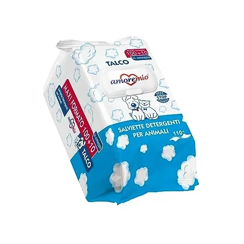AMORE MIO | 110 Salviette al Talco Maxi Formato Extra Large per Il Manto di Cani, Gatti e Animali Domestici, Disinfettanti e Igienizzanti, 30×20 cm – 1 Confezione da 110 Salviettine