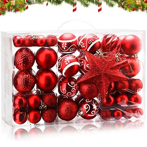 Amzeeniu Palline di Natale Set di 101Palle Albero di Natale Palline decorative Plastica Ornamenti Decorazione Regali Dell’albero Natale Infrangibili per Nozze Feste Decorazioni Albero di Natale rosso