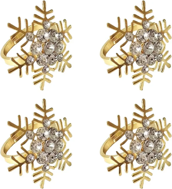 Anelli portatovagliolo fiocco di neve 4Pz Anelli di tovagliolo in lega di Natale con anelli di tovagliolo di strass scavati Ornamento Squisiti tovaglioli di famiglia Set di anelli decorazioni Gold - immagine 2