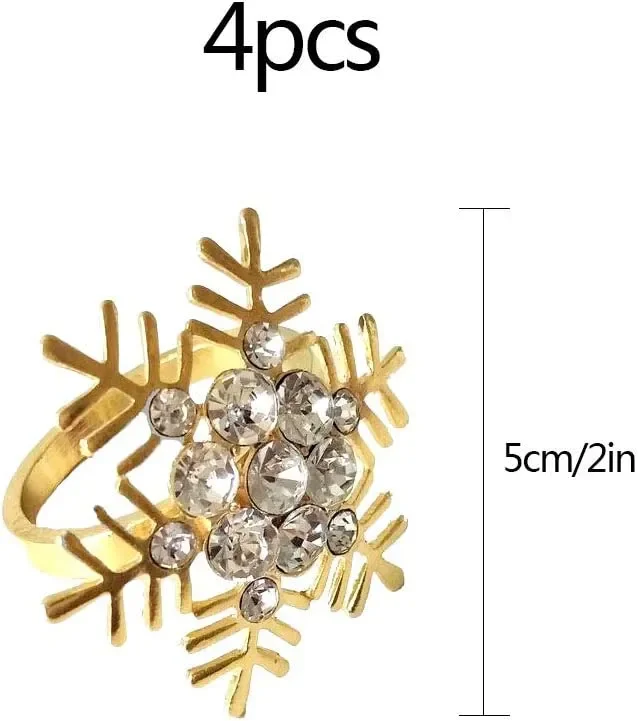 Anelli portatovagliolo fiocco di neve 4Pz Anelli di tovagliolo in lega di Natale con anelli di tovagliolo di strass scavati Ornamento Squisiti tovaglioli di famiglia Set di anelli decorazioni Gold - immagine 3