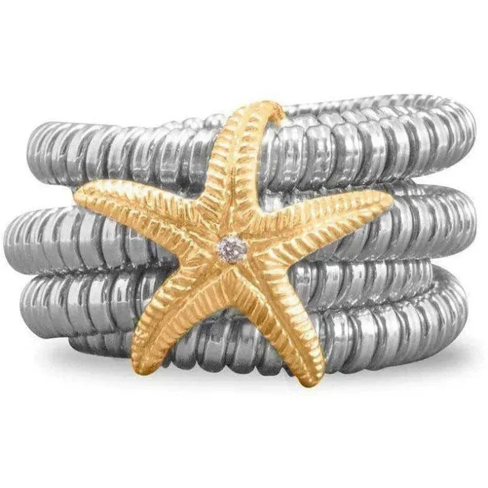 Anello 6 giri in acciaio con Stella Marina in oro e brillanti - immagine 2