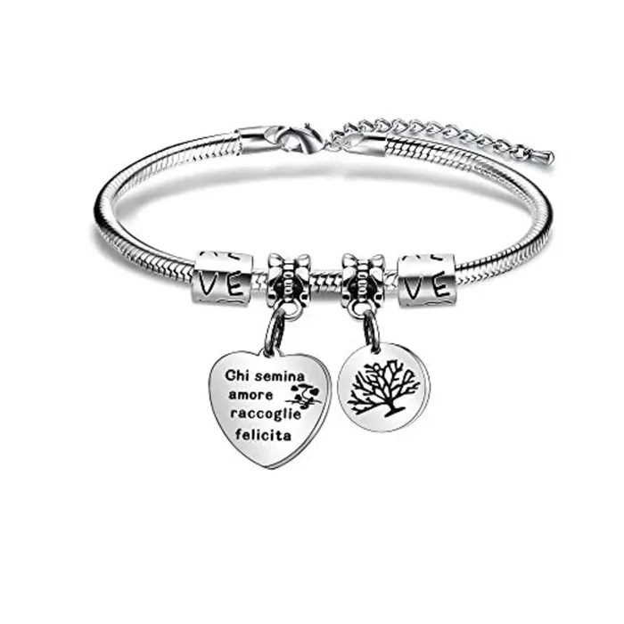 Angelra Bracciale da Donna con Ciondolo In Acciaio,”Chi Semina Amore Raccoglie la Felicita” Misura regolabile Incisione Argento Braccialetto (Style 2)
