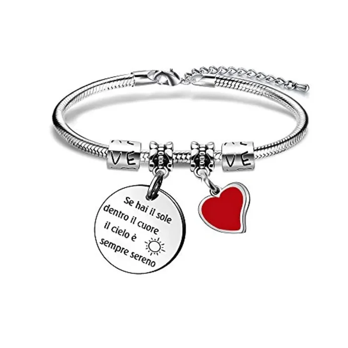 Angelra Braccialetti Donna Bracciale Acciaio Ciondolo con Incisone”Se hai il sole dentro il cuore, il cielo è sempre sereno” Regolabile Regali di Ispirazione