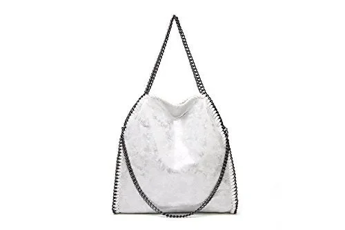 Angleliu sacchetto, da donna, in pelle sintetica, con catena casual, Argento