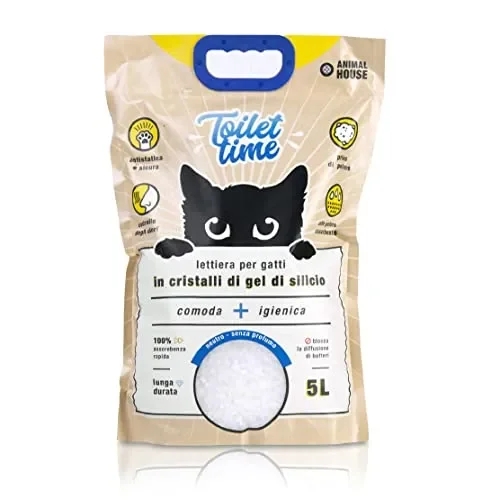Animal House Toilet Time – Lettiera in Cristalli di Silicio per Gatti – Antistatica e Sicura – Priva di Polvere – Ultra Assorbente – Trattiene gli Odori (Neutro, 5L)