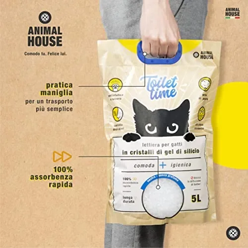 Animal House Toilet Time – Lettiera in Cristalli di Silicio per Gatti – Antistatica e Sicura – Priva di Polvere – Ultra Assorbente – Trattiene gli Odori (Neutro, 5L) - immagine 2
