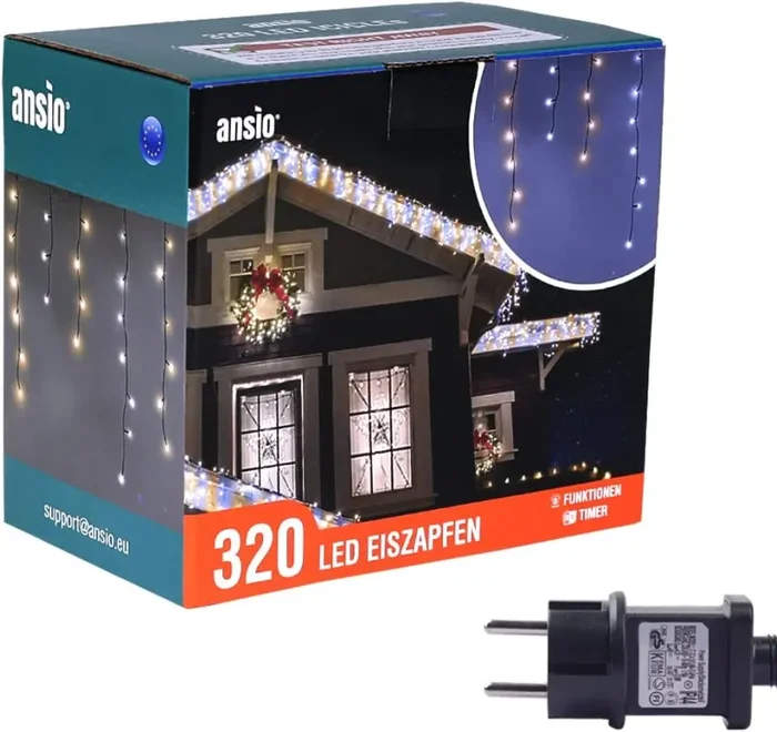 ANSIO® Luci Natale Esterno Cascata 7.5m 220 LED Luci di Natale Luminose Bianco Caldo e Fredda Luci Natalizie da Esterno/Interno Ideale per Mantello, Balcone Lucine Luminoso | Cavo Verde