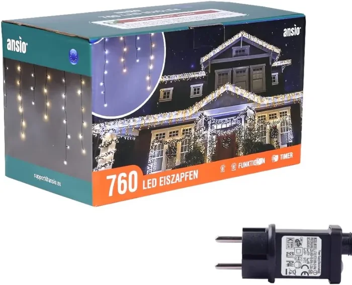 ANSIO® Luci Natale Esterno Cascata 7.5m 220 LED Luci di Natale Luminose Bianco Caldo e Fredda Luci Natalizie da Esterno/Interno Ideale per Mantello, Balcone Lucine Luminoso | Cavo Verde - immagine 3