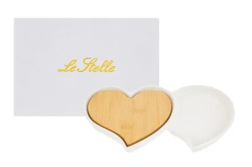 ANTIPASTIERA CUORI IN PORCELLANA BIANCA CON PIANO IN LEGNO (25×13.5×2.5cm) CON ASTUCCIO