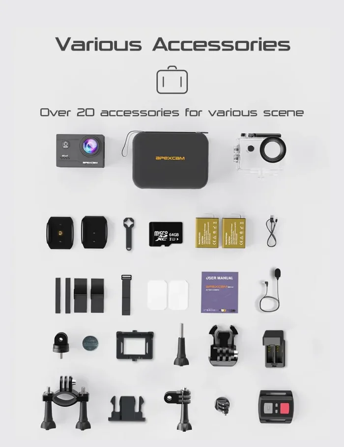 Apexcam 4K Action Cam 20MP Con Scheda di Memoria 64GB WiFi Sports Camera Ultra HD Telecamera subacquea 40M 170 ° Wide Angle 2.4G Telecomando Time Lapse 2x1050mAh Batterie - immagine 2