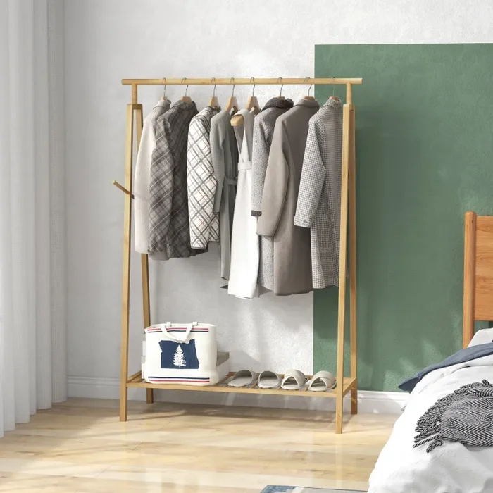 Appendiabiti a Doghe in Bambù 110x42x152 cm con Gruccia Laterale e Spazio per Scarpe color Legno - immagine 2