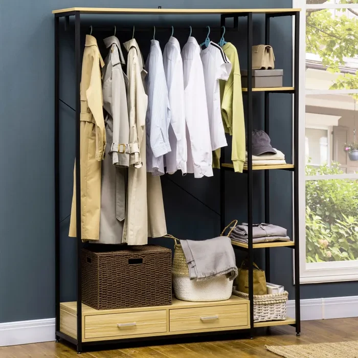 Appendiabiti con 2 Cassetti 4 Ripiani 130x40x180 cm in Acciaio e Truciolato Nero e Legno - immagine 2